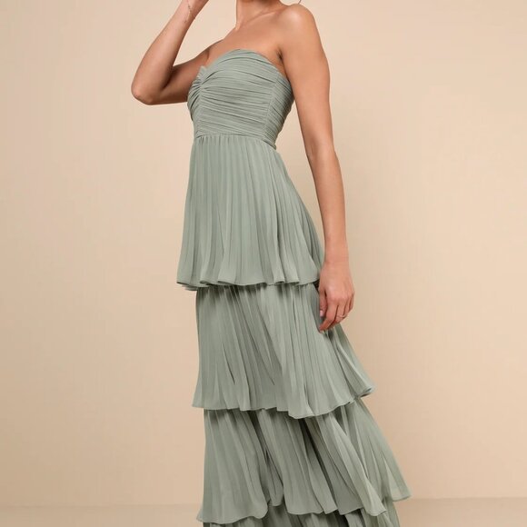 Lulus Sage Maxi Seriously Sensational Sage Brush Strapless Tiered Maxi Dress - Picture 3 of 6